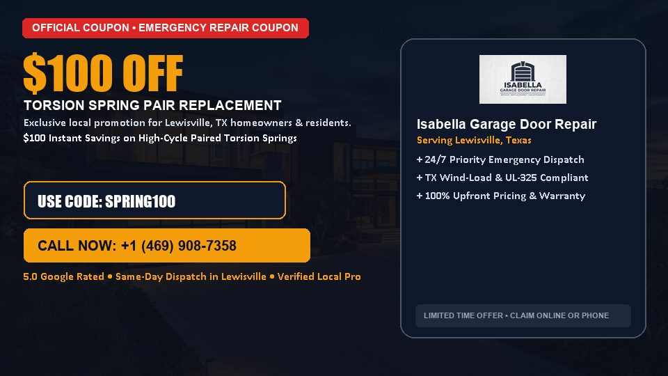 $100 OFF Dual High-Cycle Torsion Spring Replacement in Lewisville, TX - Isabella Garage Door Repair